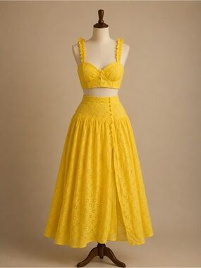 Yellow Eyelet Two-Piece Crop Top & Midi Skirt Set
